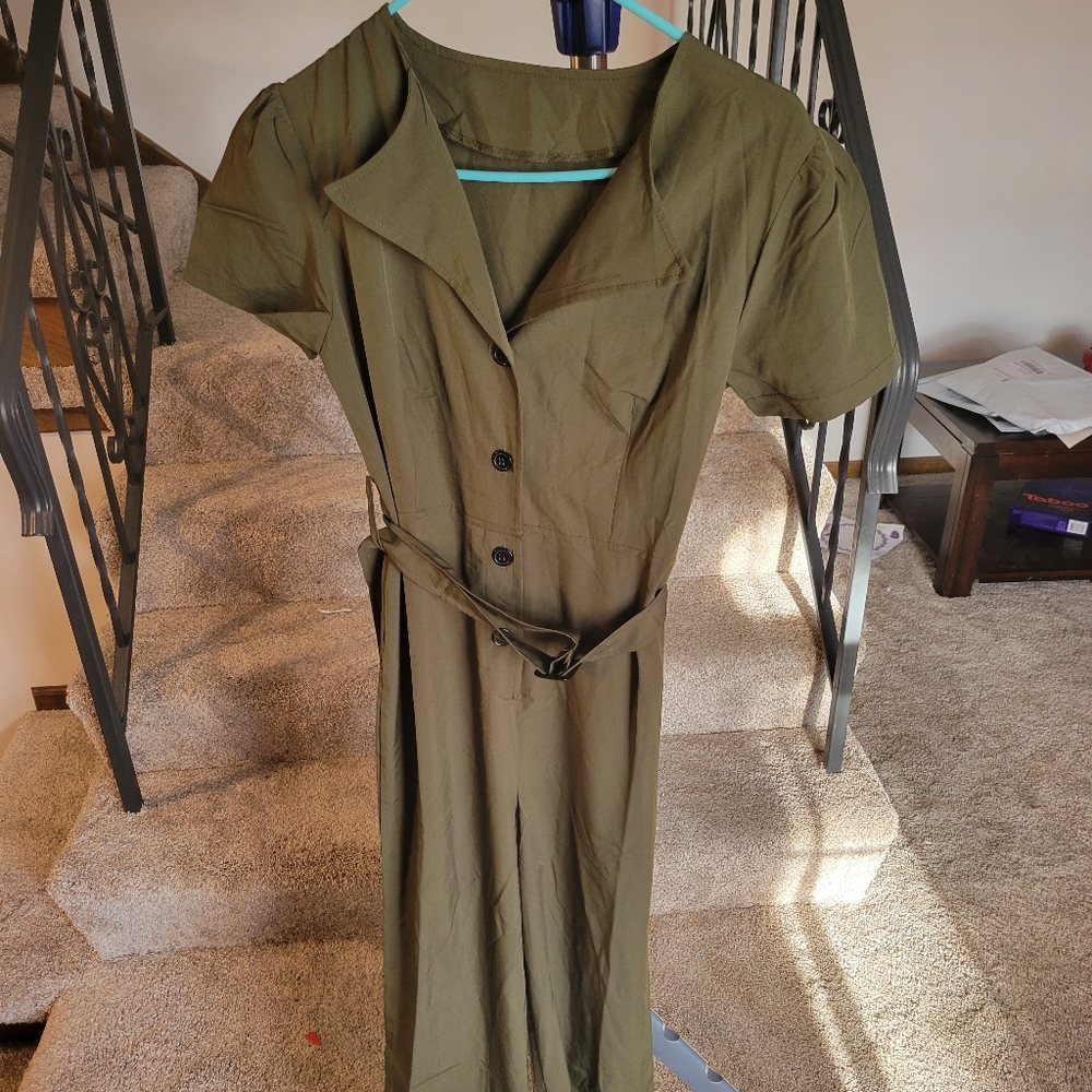 Green jumpsuit with belt